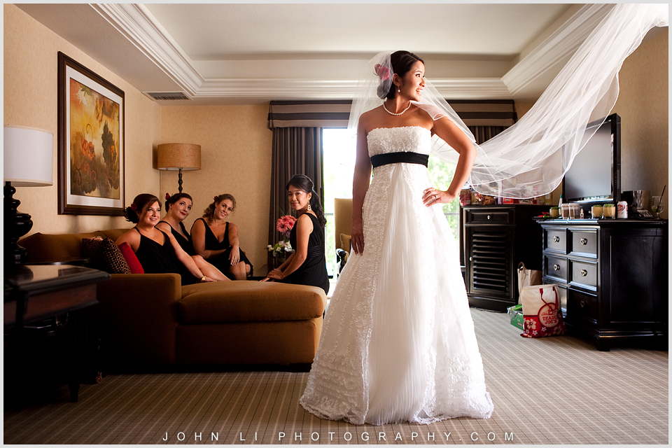 bride looks at the veil Hyatt Westlake Plaza in Thousand Oaks