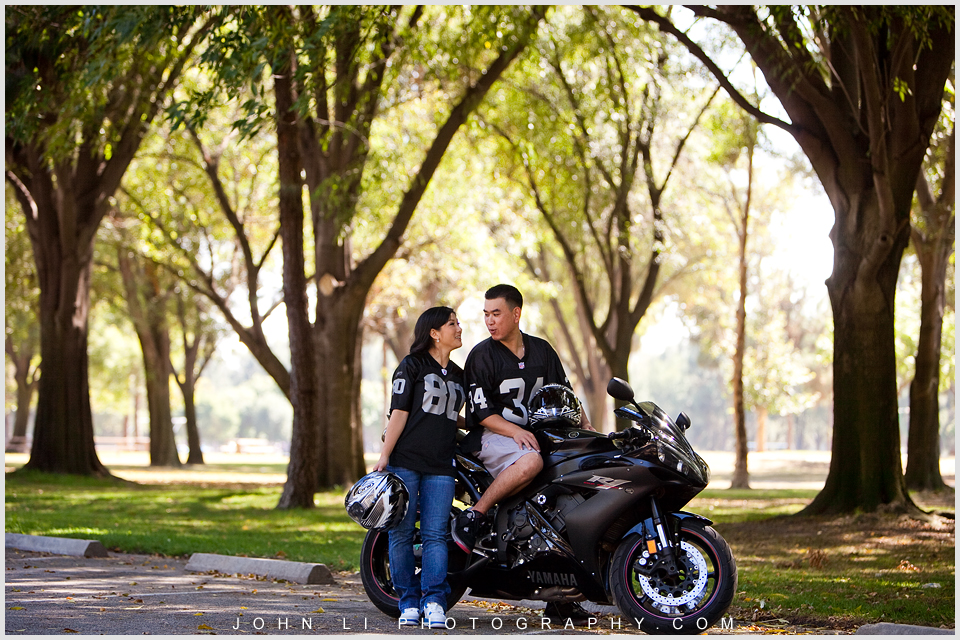 Asian engagement session with motorcycle