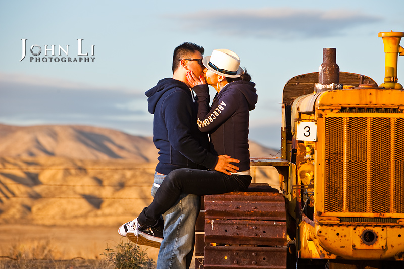 Los Angeles engagement photographer EJ with tractor 