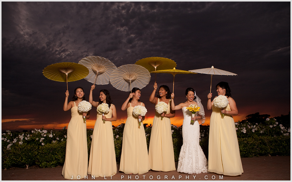 Pelican Hill wedding bridal party with Umbrella