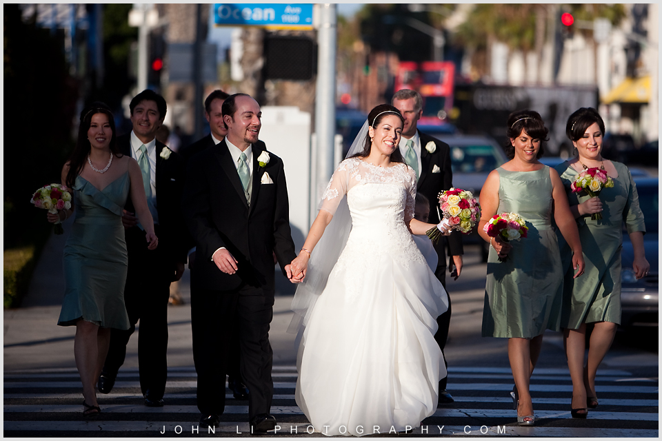 Santa Monica wedding Bridal party walking on the street