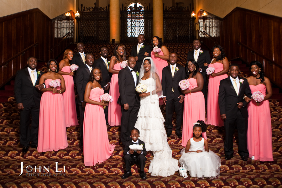 Bridal party group photo on the stairs of Park Plaza Hotel after wedding ceremony