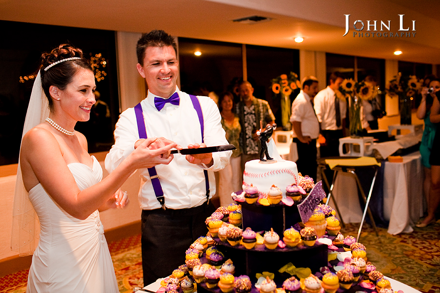 cake cutting in cabrillo pavilion arts center wedding reception