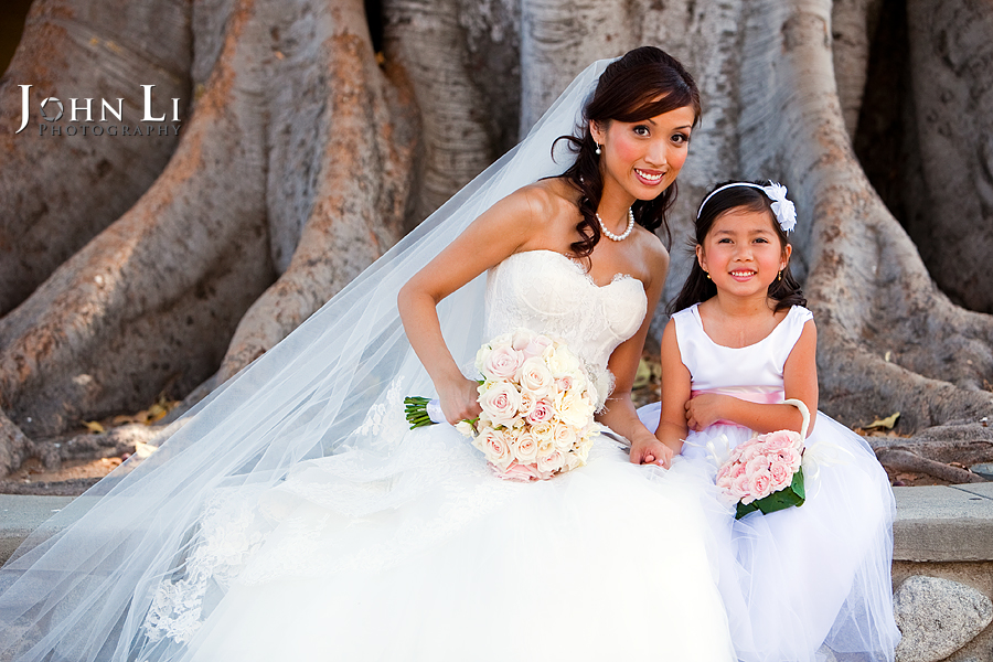 outside Holy Family Church South Pasadena bride and flower girl